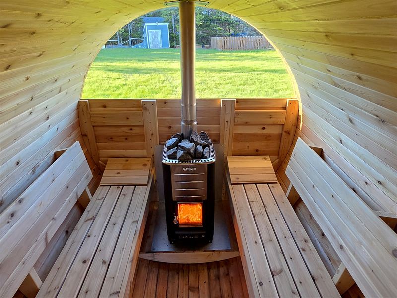 Six-person red cedar barrel sauna